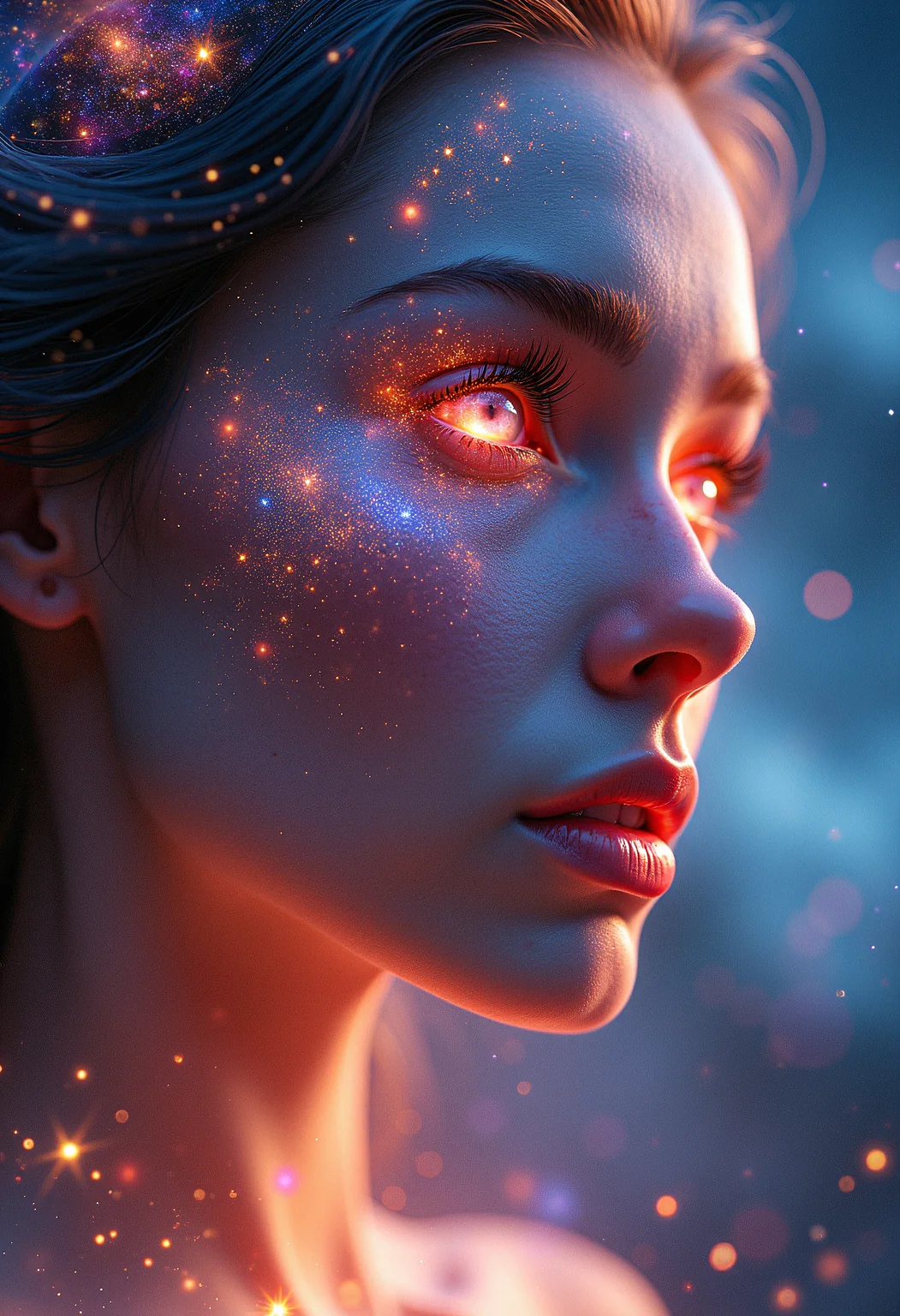 a close-up shot of an ethereal star woman with eyes body and face glowing like galaxies, surrounded by swirling, vibrant cosmic colors, vibrant star planet, ultra-detailed and photorealistic rendering, soft ambient lighting, starry nebulae in the background, dynamic and radiant color gradients, glowing reflections, cinematic composition, surreal and otherworldly atmosphere, intricate facial features, flowing hair infused with cosmic energy, luminous and ethereal, celestial radiance, soft yet detailed textures, otherworldly beauty
both eyes shine bright like a sun,