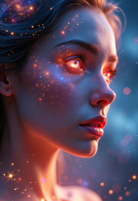 a close-up shot of an ethereal star woman with eyes body and face glowing like galaxies, surrounded by swirling, vibrant cosmic colors, vibrant star planet, ultra-detailed and photorealistic rendering, soft ambient lighting, starry nebulae in the background, dynamic and radiant color gradients, glowing reflections, cinematic composition, surreal and otherworldly atmosphere, intricate facial features, flowing hair infused with cosmic energy, luminous and ethereal, celestial radiance, soft yet detailed textures, otherworldly beauty
both eyes shine bright like a sun,