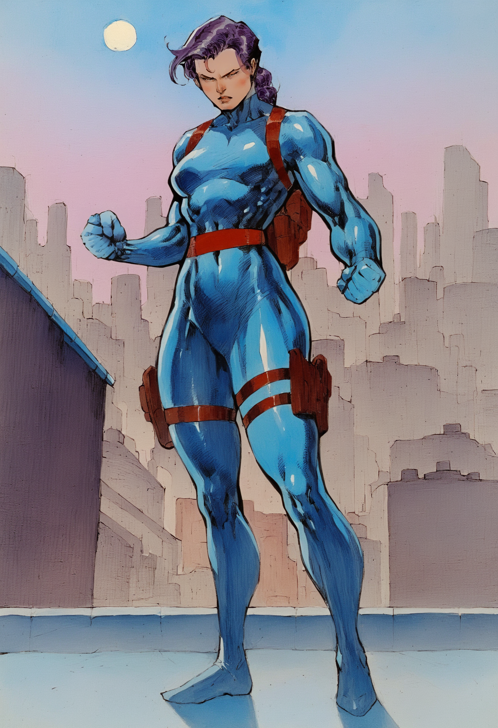 score_9, score_8_up, score_7_up,  in j_lee artstyle, 1girl, solo, clenched fists, full body, blue bodysuit, elbow gloves, thigh holster, red belt, purple hair, thigh straps, standing, rooftop, full moon, traditional media, <lora:Jim_Lee_Style_LoRA_Pony:1>