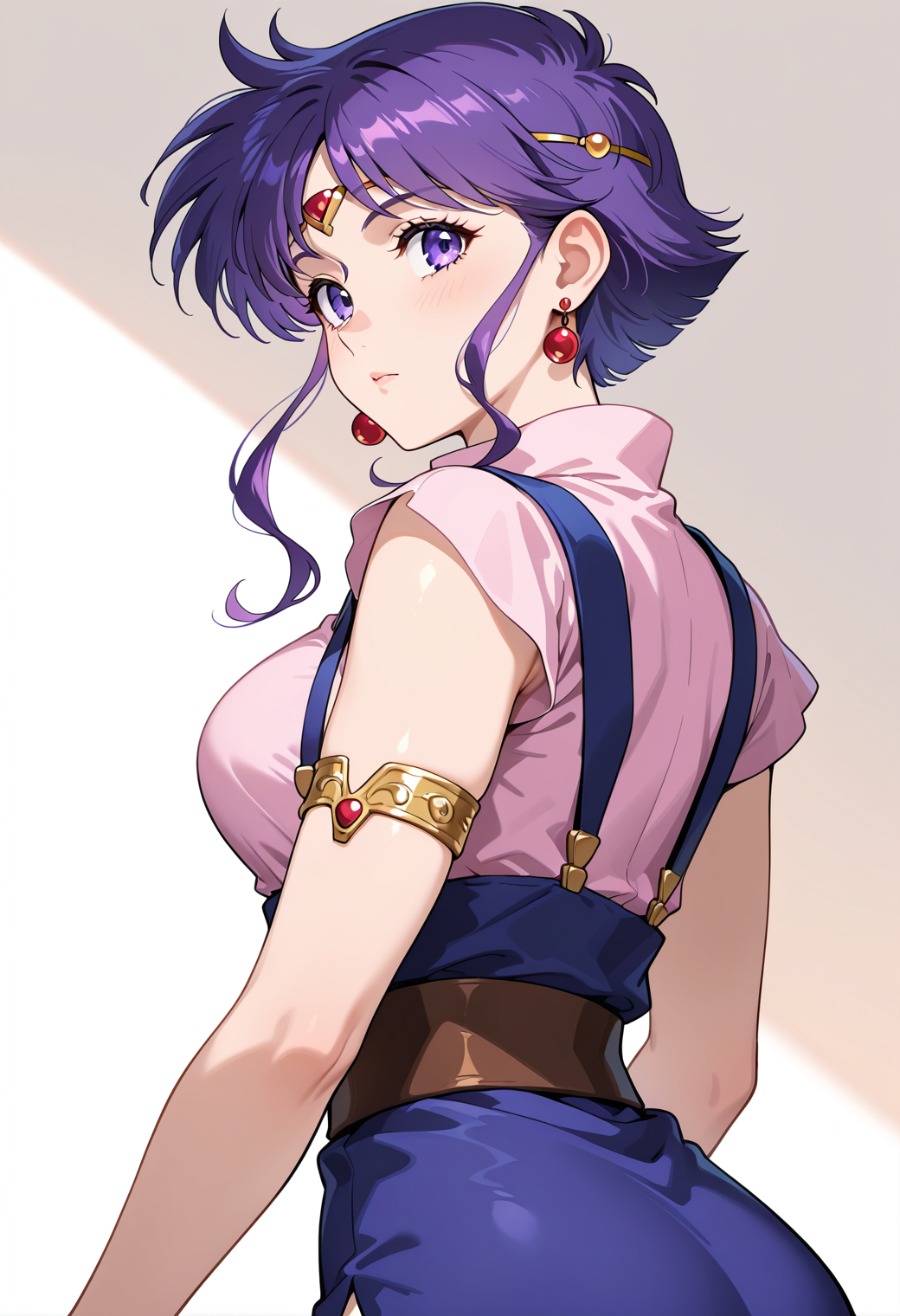 masterpiece, best quality, very aesthetic, absurdres, 1girl, solo,
<lora:srw_xenia_v01:0.9>, srw_xenia, purple hair, short hair, short hair with long locks, sidelocks, purple eyes, breasts,
circlet, earrings, jewelry, pink shirt, suspenders, blue dress, single armlet, looking back, from behind, light blush