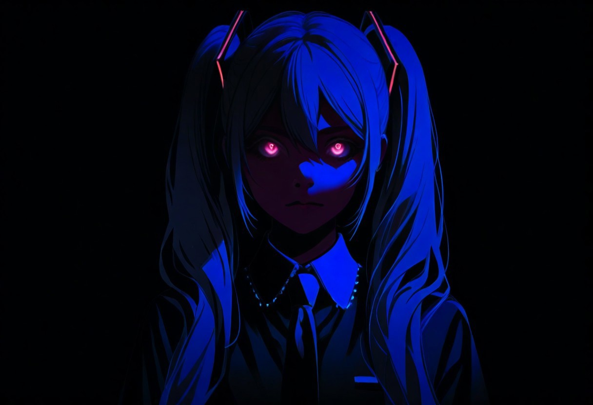 Hatsune Miku,limited palette,black background,colorful,vibrant,glowing outline,neon,blacklight,looking at viewer, masterpiece, very aesthetic