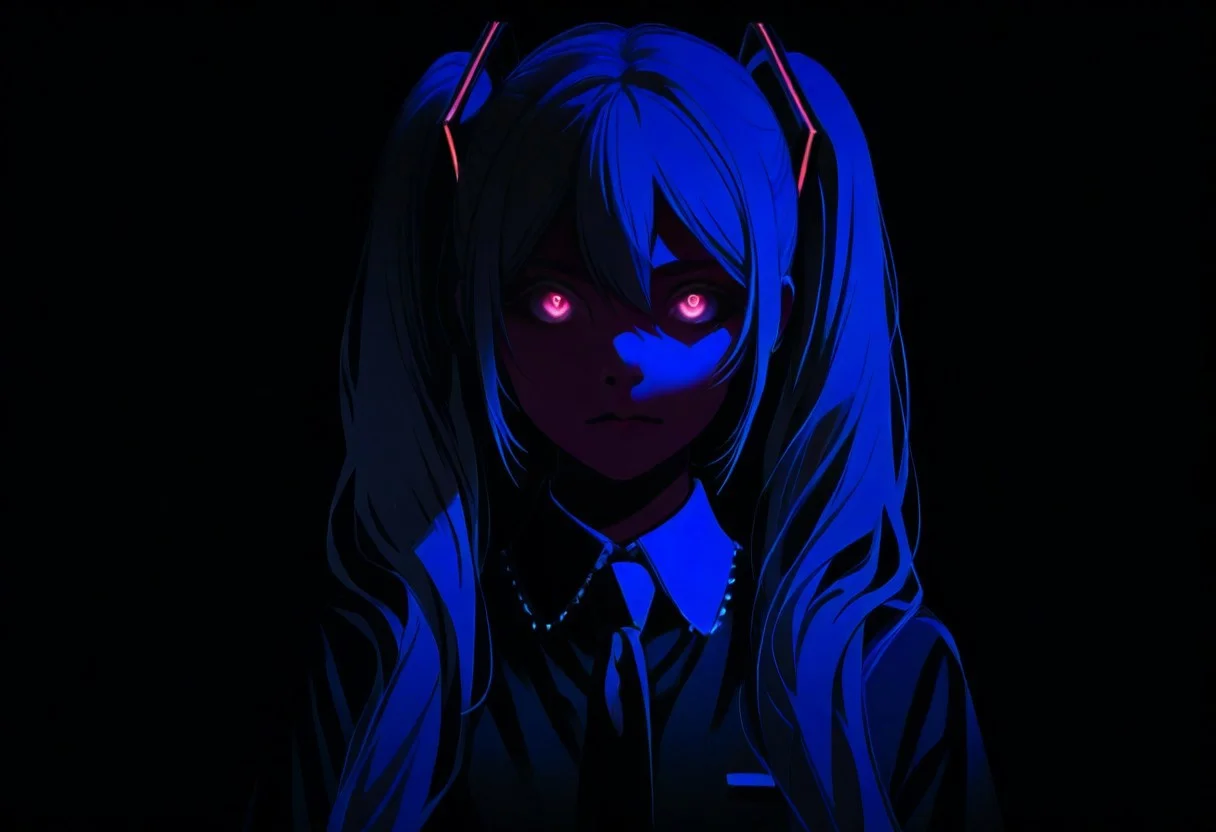Hatsune Miku,limited palette,black background,colorful,vibrant,glowing outline,neon,blacklight,looking at viewer, masterpiece, very aesthetic