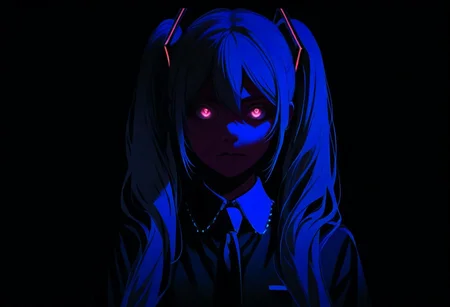 Hatsune Miku,limited palette,black background,colorful,vibrant,glowing outline,neon,blacklight,looking at viewer, masterpiece, very aesthetic