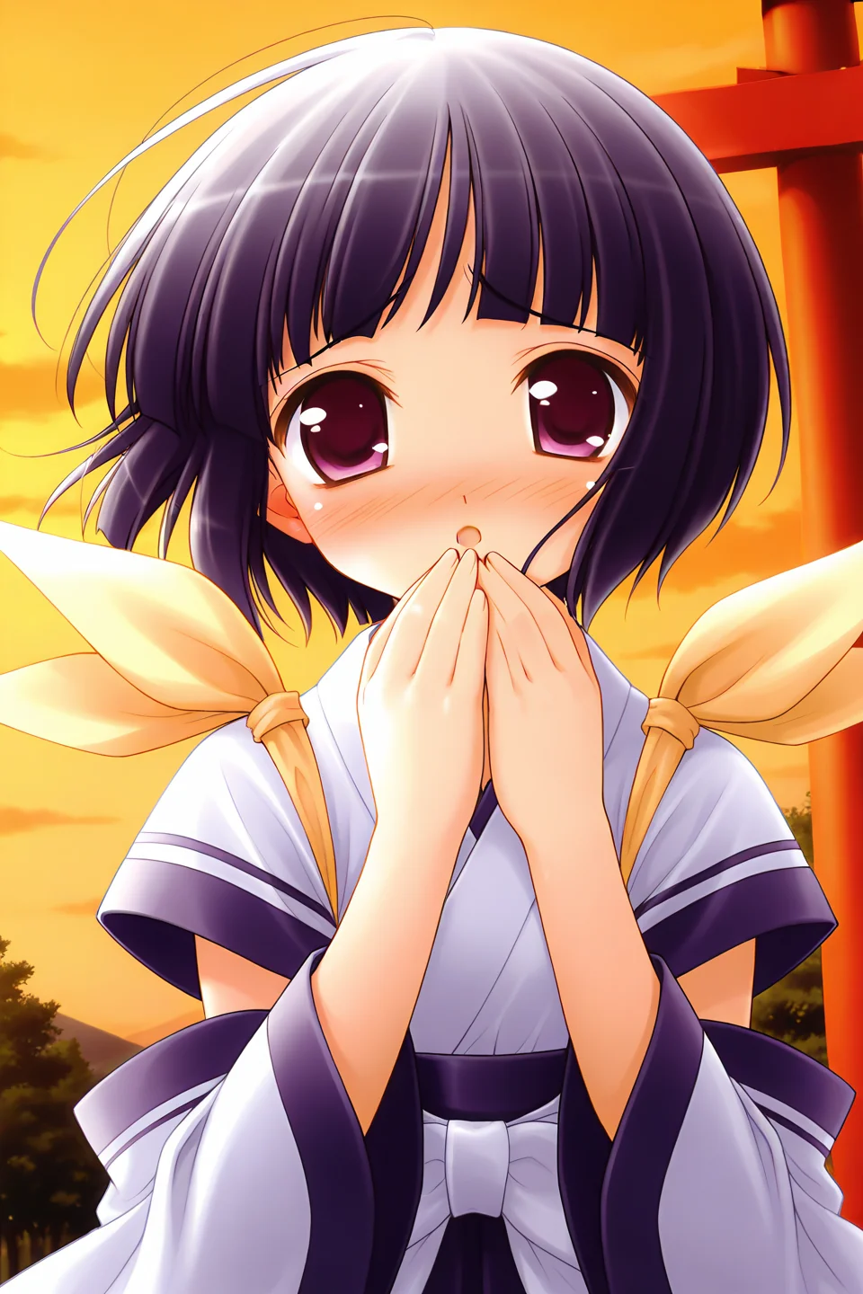 masterpiece, best quality, absurdres, official art, official style, general BREAK <lora:arisakashiina_IL_v1-2:0.7>, arisaka shiina, 1girl, solo, purple eyes, black hair, purple hair, short hair, bob cut, blunt bangs, flat chest BREAK japanese clothes, white dress, short sleeves, blue line, detached sleeves, wide sleeves, sleeves past wrists, yellow ribbon, shoulder ribbon, white sash, blue hakama, white bow, back bow, hakama skirt, blush, sunset, open mouth, :o, upper body, torii, looking at viewer, twilight, cloud, outdoors, hand to own mouth, japanese clothes, orange sky, dusk, red theme, hands on own face, embarrassed, raised eyebrows, floating hair, hands up