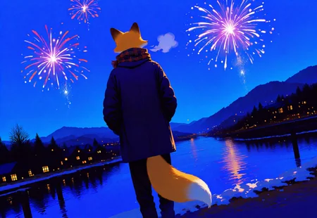 masterpiece, best quality, newest, very aesthetic, absurdres, dynamic shot, dynamic angle, momowaaai, 1boy, solo, anthro, fox, winter coat, scarf, firework, hands in pocket, visible breath, back view, small village, river