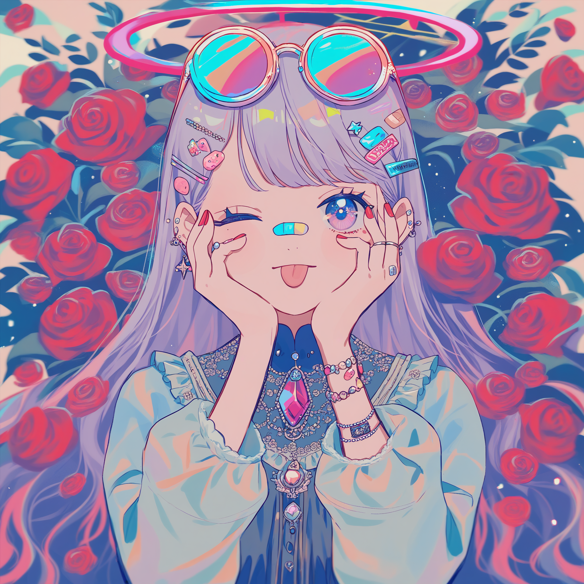 score_9, score_8_up, score_7_up, <lora:PastelStylePonyXL:1>, pastel style, 1girl, sticker, radiant, sticker on face, band-aid, halo, floating diamond, roses, headshot portrait, frilly dress, intricate clothing, brooch, ring, bracelet, anklet, hair accessory, hair, long hair, sidelocks, lavender hair, tongue out, ear piercing, eyewear on head, hair ornament, hairclip, hands up, long sleeves, looking at viewer, multicolored nails, winking, piercing, pink-tinted eyewear, multicolored eyes, red nails, sleeves past wrists, solo, tinted eyewear, hands on cheek