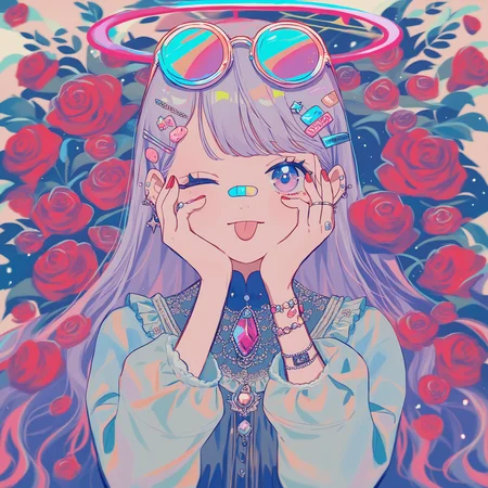 score_9, score_8_up, score_7_up, <lora:PastelStylePonyXL:1>, pastel style, 1girl, sticker, radiant, sticker on face, band-aid, halo, floating diamond, roses, headshot portrait, frilly dress, intricate clothing, brooch, ring, bracelet, anklet, hair accessory, hair, long hair, sidelocks, lavender hair, tongue out, ear piercing, eyewear on head, hair ornament, hairclip, hands up, long sleeves, looking at viewer, multicolored nails, winking, piercing, pink-tinted eyewear, multicolored eyes, red nails, sleeves past wrists, solo, tinted eyewear, hands on cheek