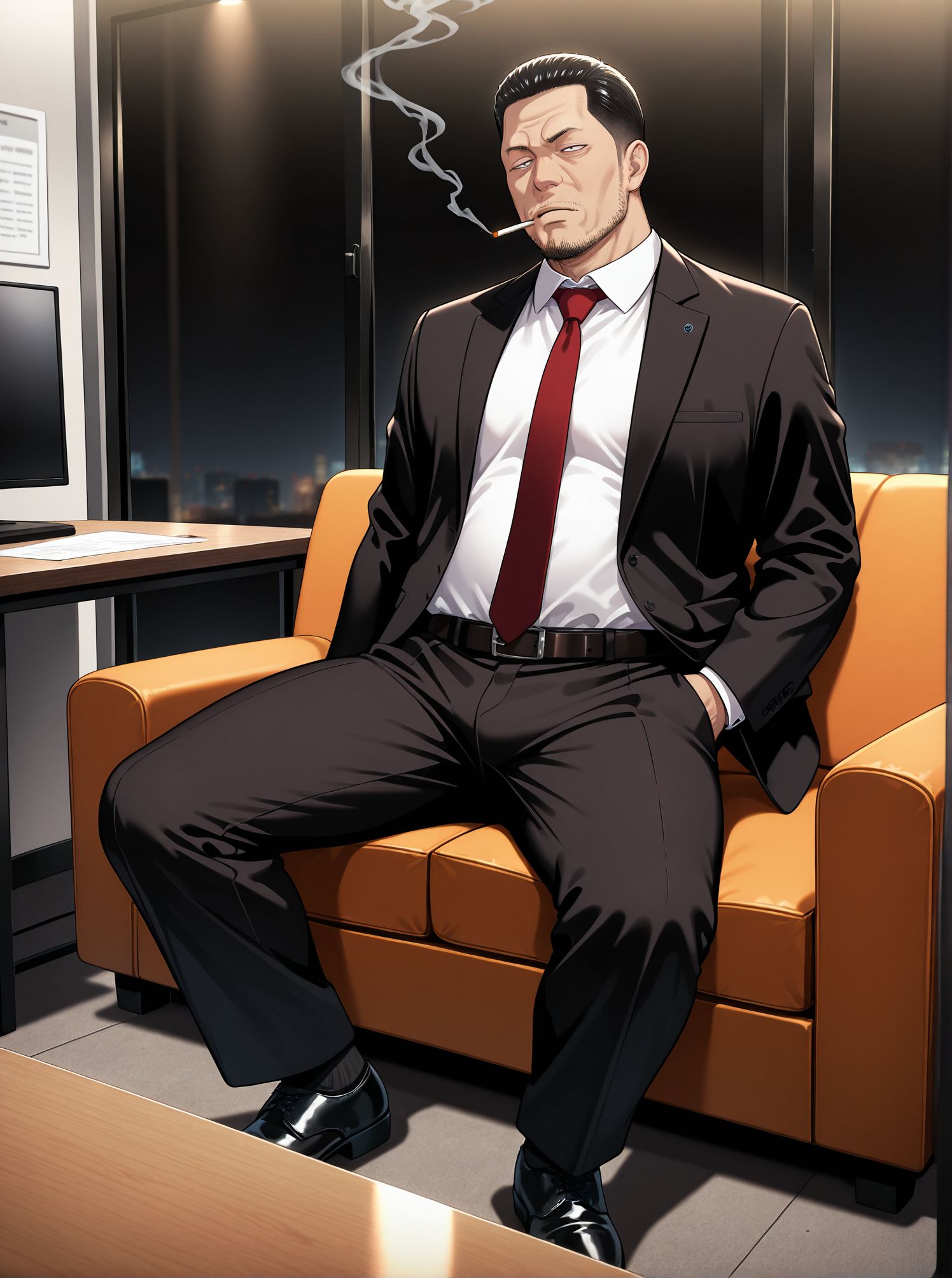masterpiece,best quality,amazing quality,very aesthetic,absurdres,newest, huge filesize,
<lora:spo_sdxl_10ep_4k-data_lora_webui:0.5>,
<lora:add-detail-xl:1>
yakuza office,sitting, sofa,desk,smoking, Lean back with feet on the table,
table,
<lora:the_fable__satou_akira__satou_youko__misaki__ebina_._kojima:0.8>,
1boy,necktie,
male focus,solo,
formal,suit,full body,shirt,
black footwear,facial hair,
hand in pocket,belt,
black hair,white shirt,
red necktie,collared shirt,f_ebi,