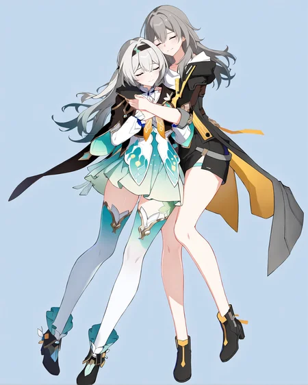 (8k:0.9), best quality, masterpiece, (ultra-detailed:1.2), (high detailed skin), full body, 
<lora:LKtrainre-A3-Tanger-000010:0.7>, Firefly /(honkai: star rail/), Firefly's def clothes, stelle/(honkai: star rail/), stelle's def clothes, two anime characters  hugging together, closed eyes, 
simple background,