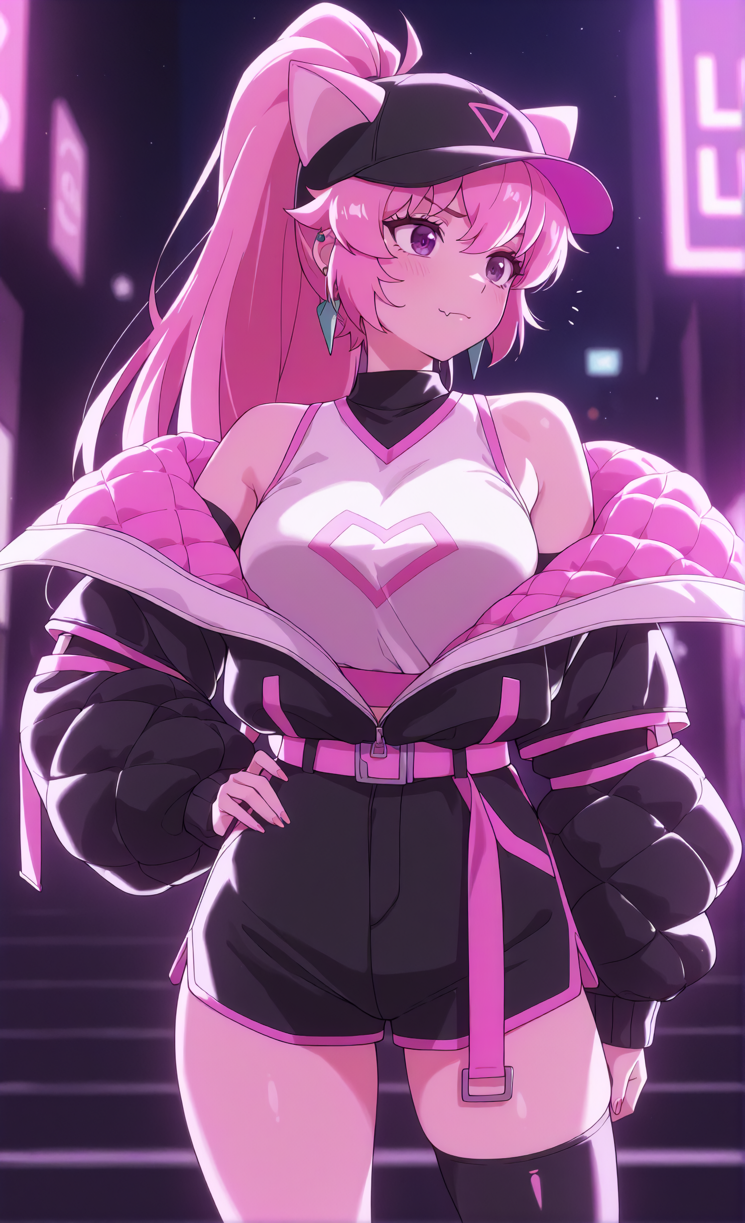 masterpiece, sharp detail, intricate detail, 1girl,  <lora:To be hero X - LoliX:0.8>, lolix \(to be hero x\), long hair, high ponytail, black baseball cap, animal ears cap, detached sleeves, bare shoulders, jacket, earrings, single thighhigh, asymmetrical legwear,