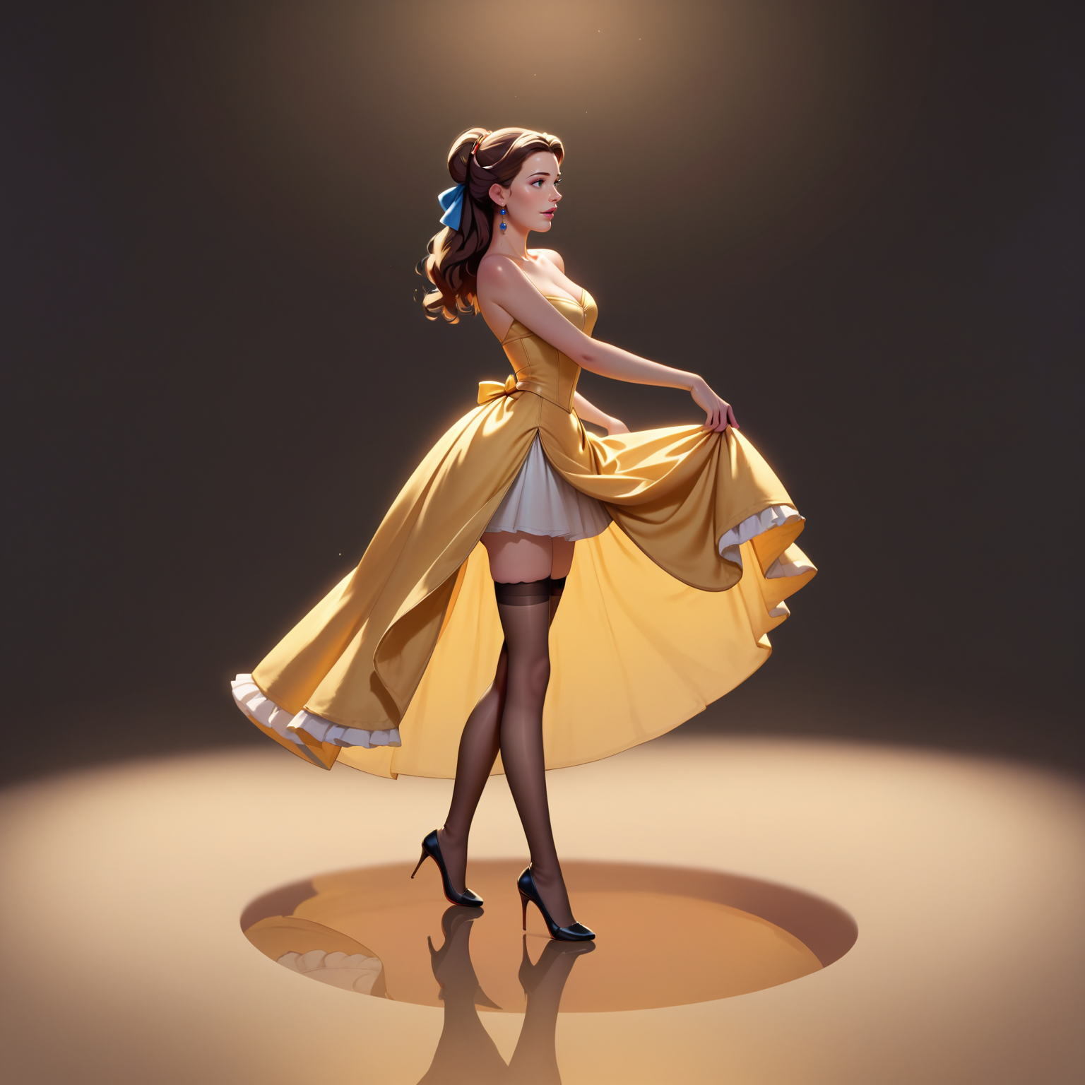 score_9, score_8_up, score_7_up, score_6_up, score_5_up, score_4_up, 1girl, solo, Belle, evening gown, stockings, high heels, jewellery, short skirt, victorian attire, legs, thighs, knees, ankles, dancing, on reflective floor, side view, dark background, ball room, <lora:Belle_Beauty_and_the_Beast_for_PONY_V3_by_Foxie_Queen:0.7>