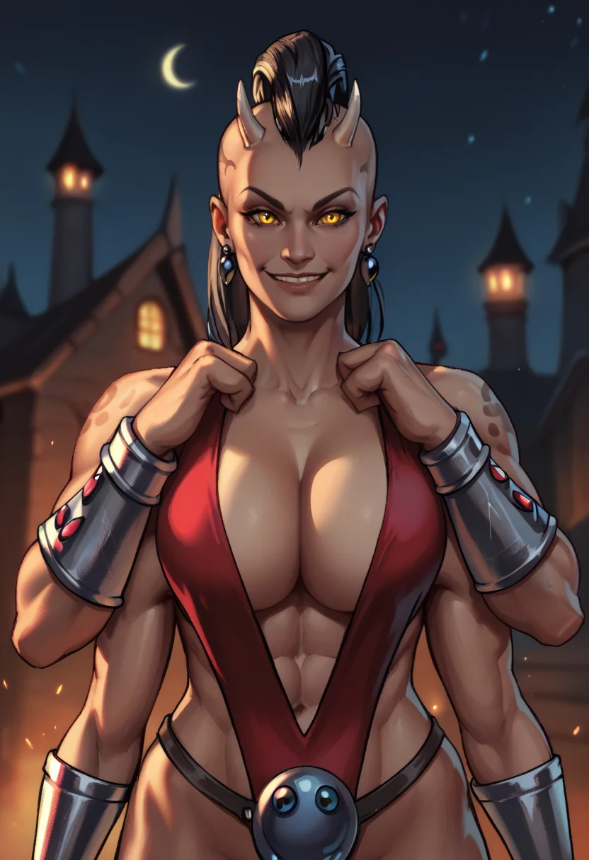 score_9,score_8_up,score_7_up,
sheevaxl,4 arms,yellow eyes,black hair,
red one-piece swimsuit,bracer,earrings,black hair,toned,tiny  head horns,looking at viewer,cleavage,
upper body,smile,
night,dungeon,<lora:Sheevaxl:0.8>,