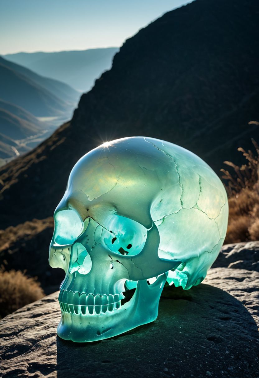 Fujifilm XT3, Sony A7 IV, (award winning photography) a delicate translucent skull made of opal set on a stone ledge in the early morning light, glistening. in the background beautiful valleys, divine iridescent glowing, opalescent textures, volumetric light, ethereal, sparkling, light inside body, bioluminescence, studio photo, highly detailed, sharp focus (highest quality: 1.39) (highest coherency: 1.39) (award winning photography), highly detailed photography, (muted colors, cinematic, dim colors, soothing tones:1.2), vibrant, insanely detailed, hyperdetailed, (dark shot:1.2), (vsco:0.3), (intricate details:0.9), (hdr, hyperdetailed:1.2) (vignette), sss