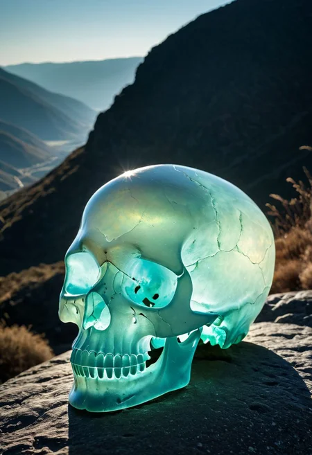 Fujifilm XT3, Sony A7 IV, (award winning photography) a delicate translucent skull made of opal set on a stone ledge in the early morning light, glistening. in the background beautiful valleys, divine iridescent glowing, opalescent textures, volumetric light, ethereal, sparkling, light inside body, bioluminescence, studio photo, highly detailed, sharp focus (highest quality: 1.39) (highest coherency: 1.39) (award winning photography), highly detailed photography, (muted colors, cinematic, dim colors, soothing tones:1.2), vibrant, insanely detailed, hyperdetailed, (dark shot:1.2), (vsco:0.3), (intricate details:0.9), (hdr, hyperdetailed:1.2) (vignette), sss