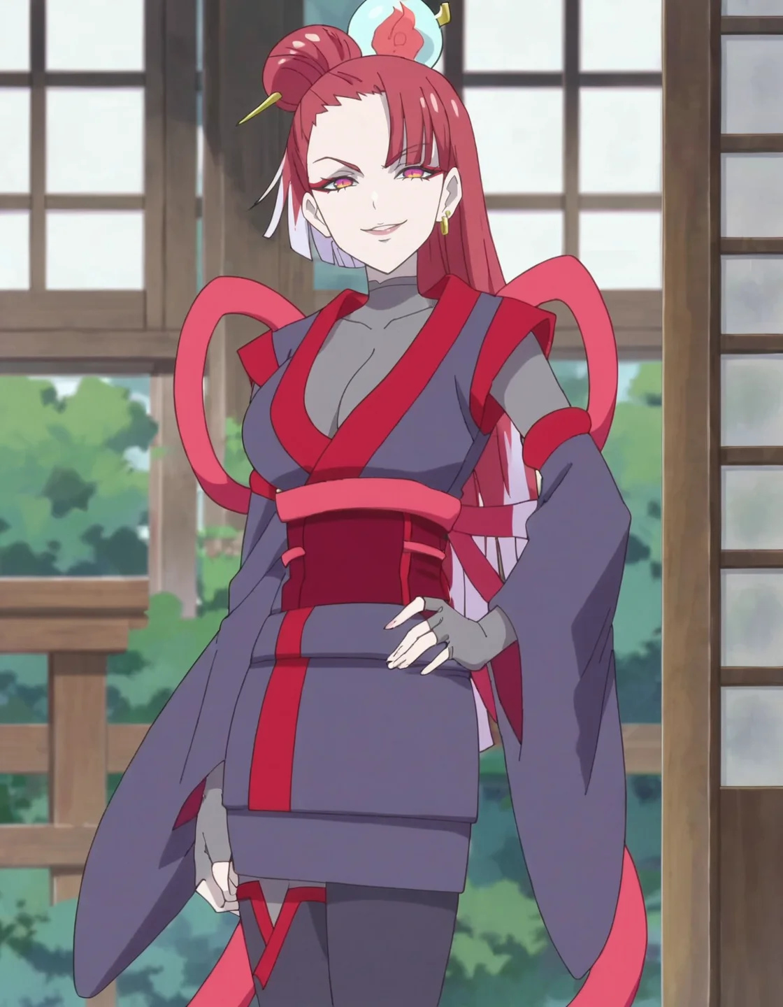score_9, score_8_up, score_7_up, anime screencap, solo,1girl, japanese clothes,hair bun,long hair,hair stick, red hair, looking at viewer, hair ornament, fingerless gloves, kimono, standing, earrings, jewelry, multicolored hair, red eyes, smile,cowboy shot,large breasts, cleavage,<lora:zakuro:0.8>