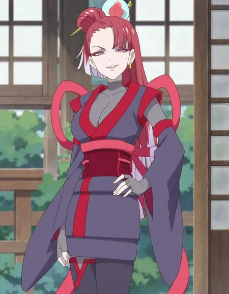 score_9, score_8_up, score_7_up, anime screencap, solo,1girl, japanese clothes,hair bun,long hair,hair stick, red hair, looking at viewer, hair ornament, fingerless gloves, kimono, standing, earrings, jewelry, multicolored hair, red eyes, smile,cowboy shot,large breasts, cleavage,<lora:zakuro:0.8>