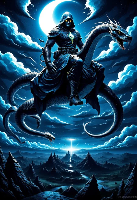 sn4k3, aidmamj6.1, anime, cyberpunk, Create a dark, fantastical scene of a powerful dark magician riding a massive, serpentine snake into the night sky. The magician is cloaked in flowing, shadowy robes adorned with arcane symbols, their face partially obscured by a hood, with glowing eyes and a sinister smile. The snake is sleek and muscular, its scales shimmering with an eerie, metallic sheen, coiling through the air as if defying gravity. The night sky is filled with swirling clouds, illuminated by a crescent moon and streaks of magical energy trailing behind the duo. Below, a dark, ancient landscape fades into the distance, with faint hints of a crumbling castle or twisted trees. The atmosphere is intense and mystical, blending danger and power.