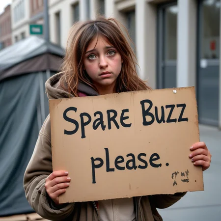 buzz, (Realistic:1.2), Homeless girl holding sign "Spare Buzz please", <lora:buzz-text:.9>