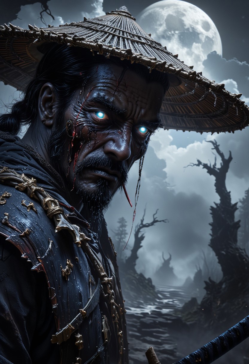 A close-up of a ronin samurai dominates the frame. His wide, straw hat casts most of his face in shadow, revealing only a glowing, electric-blue eye. A sly smirk plays on his lips, with a long straw dangling from his mouth. His hand rests casually on an unsheathed katana laid across his shoulder. The misty, eerie forest surrounds him—leafless trees with twisted branches stretch into the fog. Behind him, a cold, moonlit path winds into the distance, and frost clings to the branches. His face bears a deep scar, adding to the chill of the scene.