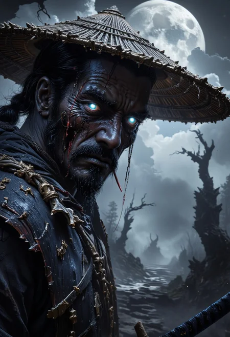 A close-up of a ronin samurai dominates the frame. His wide, straw hat casts most of his face in shadow, revealing only a glowing, electric-blue eye. A sly smirk plays on his lips, with a long straw dangling from his mouth. His hand rests casually on an unsheathed katana laid across his shoulder. The misty, eerie forest surrounds him—leafless trees with twisted branches stretch into the fog. Behind him, a cold, moonlit path winds into the distance, and frost clings to the branches. His face bears a deep scar, adding to the chill of the scene.
