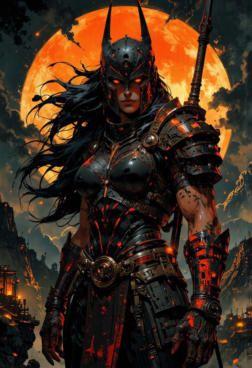 in the style of ck-mgs, nistyle, Inkplash art on rice paper, sepia, henna, Silhouette Art, magnificent, inksplash, closeup portrait, female spartan warrior, large breasts, toned arms, flowing black hair, reflective black and neon red armor, armor, valkyrie helmet, large breasts, holding a spear, abstract background suggesting a mountain top, overlooking a village in a valley, midnight atmosphere, moonlight, moon rays, night, Cowboy Shot, close up,