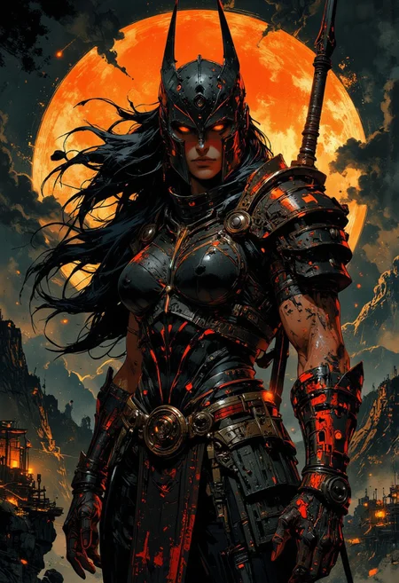 in the style of ck-mgs, nistyle, Inkplash art on rice paper, sepia, henna, Silhouette Art, magnificent, inksplash, closeup portrait, female spartan warrior, large breasts, toned arms, flowing black hair, reflective black and neon red armor, armor, valkyrie helmet, large breasts, holding a spear, abstract background suggesting a mountain top, overlooking a village in a valley, midnight atmosphere, moonlight, moon rays, night, Cowboy Shot, close up,