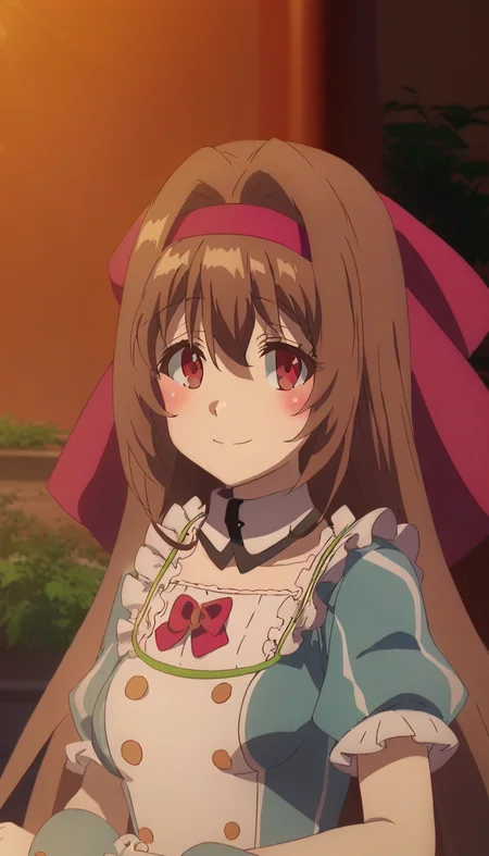 score_9,score_8_up,score_7_up,score_6_up BREAK official art,solo,outdoors,upper body,(portrait:1.5),looking at viewer,facing viewer,smile,blush,Kiara,very long hair,brown hair,hair intakes,red hairband,hair bow,hair ribbon,red ribbon,sidelocks,hair between eyes,bangs,red eyes,detached collar,long dress,blue dress,vertical-striped dress,frills,white dress,white shirt,buttons,pink bowtie,medium breasts,puffy short sleeves,wrist cuffs,high heels,<lora:Kiara(rh)-Pony:1.6>,