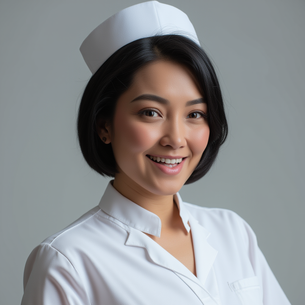 UHD, 4k, ultra detailed, cinematic, a photograph of  <lora:perfection style v2d:1>
A perfect photo of a woman in a white nurse uniform is smiling,1girl,solo,looking at viewer,smile,short hair,open mouth,shirt,black hair,hat,brown eyes,jewelry,white shirt,upper body,earrings,teeth,grey background,realistic,nurse cap,nurse , detailed face, detailed body, detailed hands, detailed eyes, detailed nose, detailed ears, detailed hair, detailed, perfection, detailed teeth, detailed skin texture, wrinkly, detailed fingers, detailed mouth, beauty, realism, real, detailed hair, detailed pores, detailed background, sharp image, detailed lips, different race, different color, different haircut, different skin tone, different, different people, different pose, perfection style, epic, beautiful lighting, inpsiring