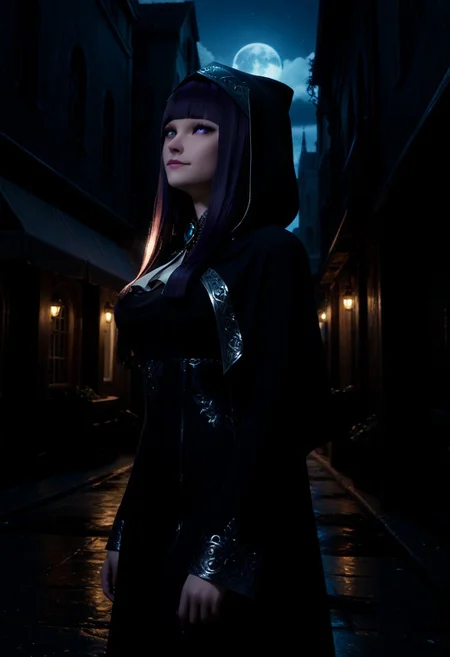 score_9, score_8_up, score_7_up, score_6_up, k9r0, Darmagmb, very aesthetic, detailed face, urban fantasy, cowboy shot, from a side, focus on face BREAK 1girl, 25 years old, sad smile, a Crow sits on a shoulder, dark aura, purple aura, dark aura, cute face, purple eyes, skinny body, black hair, blunt bangs, hime cut, black dress, long dress, long sleeves, hood, cloak, BREAK outdoors, modern city, night, dark, neon lighting