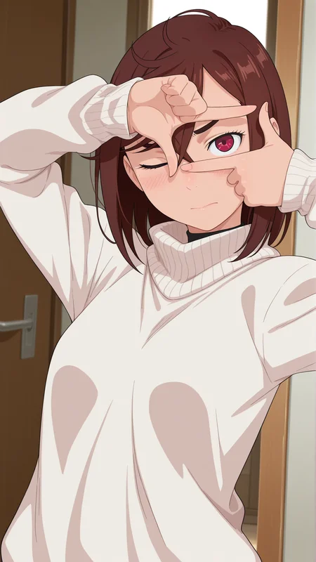 masterpiece,best quality,amazing quality, 1girl, solo, <lora:IlluDandaMomo:1> illudandamomo, brown hair, short hair, red eyes, <lora:finger_frame_il_d16:1> finger frame, one eye closed, turtleneck sweater,