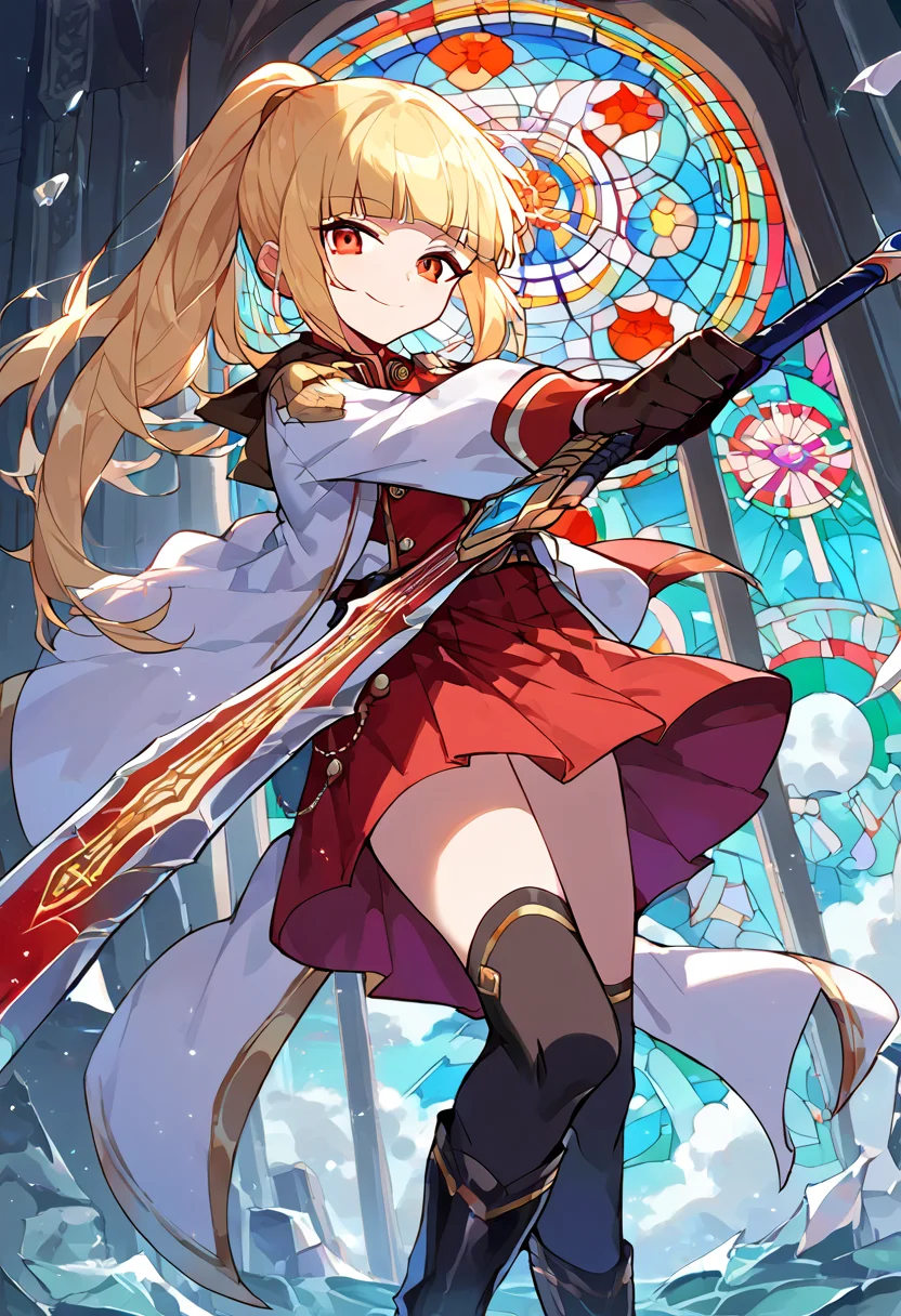 score_9,score_8_up,score_7_up,source_anime,zPDXL3,temple,hourglass,glass,broken glass,stained glass,
*//*,<lora:Zero_Pony:1>,zero_beta,1girl,solo,blonde hair,ponytail,blunt bangs,red eyes,gloves,one wing,black gloves,boots,red skirt,white jacket,sword,holding sword,light smile,
*//*,looking at viewer,cowboy shot,dutch angle,dynamic pose,aiming a sword at viewer,