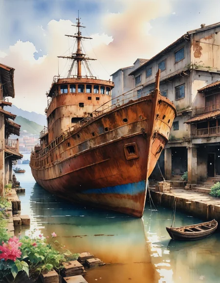 ultra detailed water color painting in the style of Wei Wang and trending on Artstation of an ancient rusty ship in a port which has been reclaimed by nature and is blooming beautifully, visible strokes, hand painted on beige canvas, splashes of saturated color, dreamy
<lora:add-detail-xl:0.6>,  <lora:xl_more_art-full_v1:0.2>