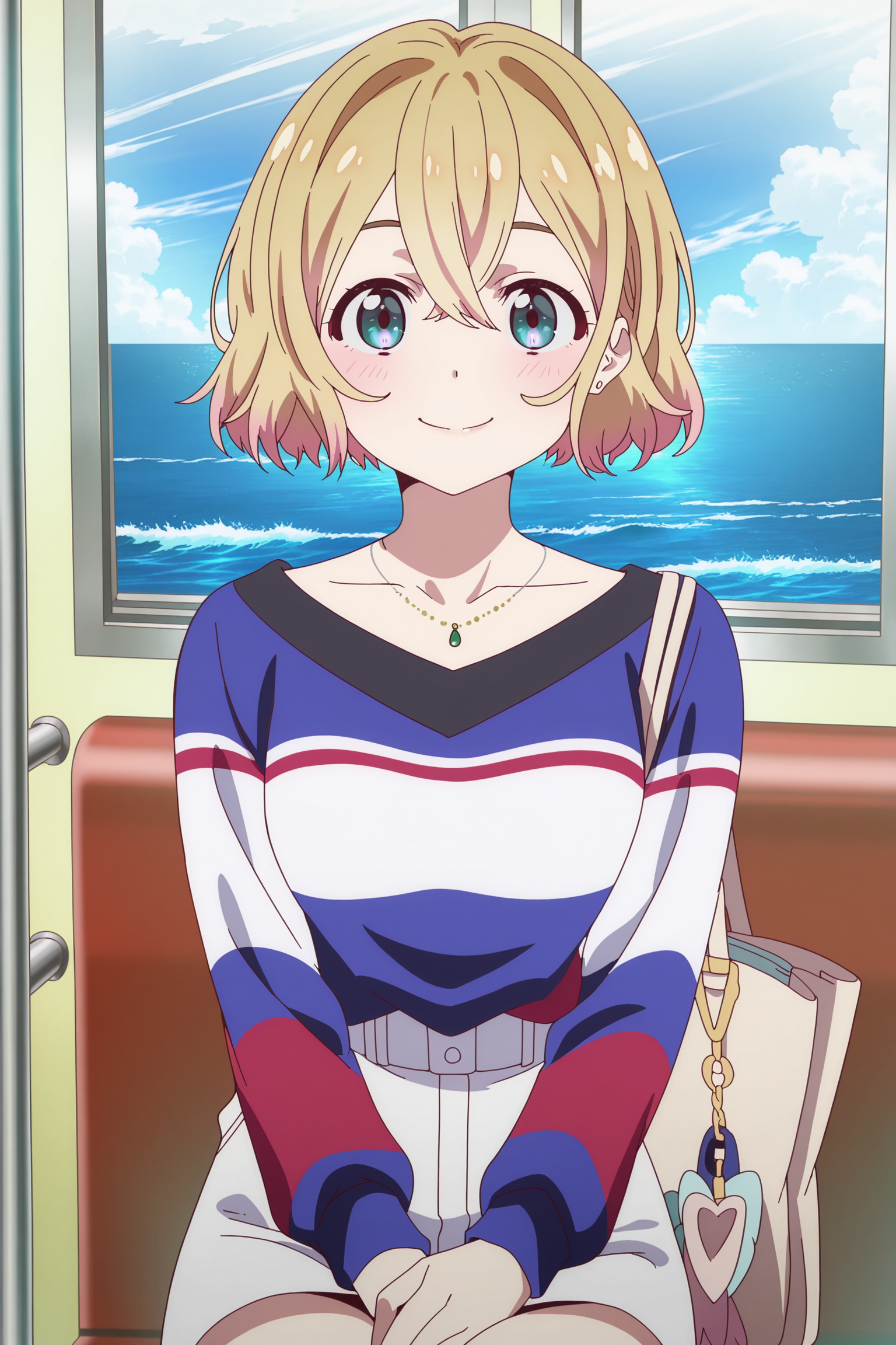 anime screencap, anime coloring, detailed face, masterpiece, best quality, very aesthetic, absurdres, volumetric lighting, official style, amazing quality, ultra detailed,  highres, amazing quality, scenery, beautiful detailed hair, beautiful detailed eyes,
outdoors, ocean,
<lora:Mami_Nanami_Rent-A-Girlfriend:1>
Mami Nanami (character), 1girl, solo, short hair, jewelry, sitting, bag, necklace, blonde hair, train interior, handbag, looking at viewer, blue eyes, green eyes, striped shirt, cowboy shot, legs, smile