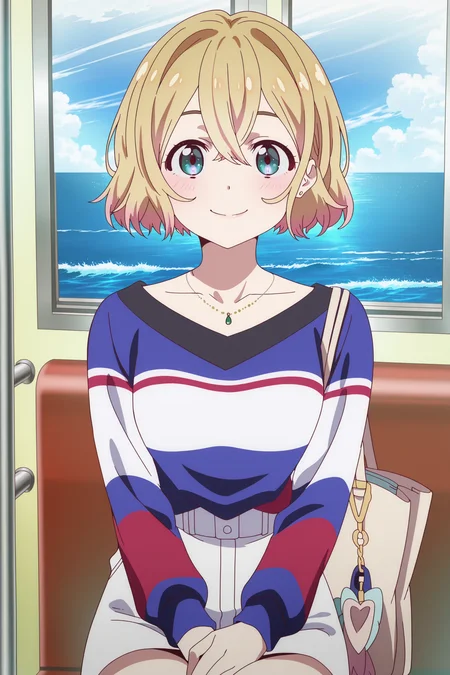 anime screencap, anime coloring, detailed face, masterpiece, best quality, very aesthetic, absurdres, volumetric lighting, official style, amazing quality, ultra detailed, highres, amazing quality, scenery, beautiful detailed hair, beautiful detailed eyes,
outdoors, ocean,
<lora:Mami_Nanami_Rent-A-Girlfriend:1>
Mami Nanami (character), 1girl, solo, short hair, jewelry, sitting, bag, necklace, blonde hair, train interior, handbag, looking at viewer, blue eyes, green eyes, striped shirt, cowboy shot, legs, smile