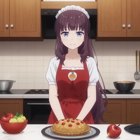 hifumi takimoto, solo, 1girl, apron, cooking, kitchen, (smiling:0.5),,
(apple pie), delicious food, beautiful food,,
looking at viewer,, 2D, anime style, anime coloring,,masterpiece, best quality, absurdres, very aesthetic