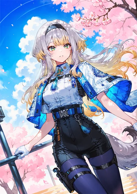 zPDXL3 Real score_9, score_8_up, score_7_up, score_6_up source_anime, highly detailed, sharp, intricate details, rating_safe rating_sensitive, rating_explicit, masterpiece, best quality, good quality, bright eyes light particles lens flare amazing quality, very aesthetic, very awa, absurdres, newest,
<lora:yoneyamaiXLNBVP1lokrV6311PZ:0.5>, <lora:sakauchiXLP6lokrV53P1:0.5>
<lora:nhl-001:0.4> nhl-001 film grain multicolored background  <lora:ponyv4_noob1_2_adamW:0.4>
medium breasts, dynamic pose, dynamic angle,
optical illusion, ssambatea, quasarcake, Fishine, arutera, soresaki, reoen, sanbonzakura, askzy, negative space, see-through, made of, neon light, detailed background,
outdoors, cherry blossoms night cloudy sky,
niji-ruri, green eyes,multicolored eyes,gray hair,blonde hair,multicolored hair,gradient hair,dog tail,gray tail,long hair,sidelocks,black hairband,
niji-ruricos1,white shirt,short sleeves,blue neck tassel,harness,blue belt,holster,bottom belt,hip holster,high-waist shorts,tight shorts,black shorts,white gloves,half gloves,blue pantyhose,pantyhose under shorts,thigh strap,
poncho jacket,white capelet,
 <lora:niji-ruri:0.7>