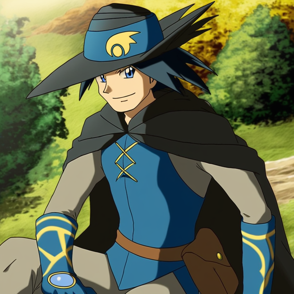 AaronArlon, 1boy, solo, male focus, spiked hair, black hair, short hair, smile, outdoors, blue vest, sleeveless vest, cloak, black cloak, hat, black headwear, blue gloves, grey shirt, grey pants, brown belt pouch, blue eyes