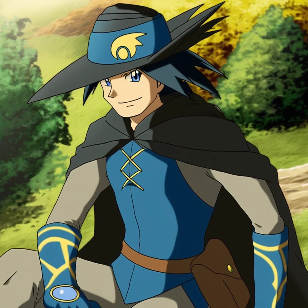 AaronArlon, 1boy, solo, male focus, spiked hair, black hair, short hair, smile, outdoors, blue vest, sleeveless vest, cloak, black cloak, hat, black headwear, blue gloves, grey shirt, grey pants, brown belt pouch, blue eyes