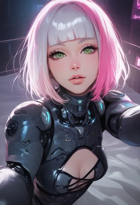 (score_9, score_8_up, score_7_up, score_6_up), sexy girl, semi realistic, cinematic lightings, volumetric lighting, raytracing, shining glossy skin, soft lighting, realistic skin, blum effect, masterpiece, absolutely eye-catching, concept art, realistic, mesmerizing patterned light, creating speckled shadows that add depth to the image
perfect face, high detail, 8k, (maximum resolution), (masterpiece), (extremely detailed), colorful,
1girl, pink hair, freckles, sexy body, (beautiful face:1.1), pretty face, cute face, bubble butt, perfect ass, silk lingerie, lying on bed, selfie, from above, potg
long hair, looking at side, eyes focused on viewer, 1girl, standing, green eyes, female focus, very close-up on face, portrait, intricate details, white hair with fringe, bob cut, outdoors, neon lit street background, night, dynamic pose, grunge punk outfit, flat breasts, cyborg, armor, cyberpunk, robot joints, complex details, mechanical girl