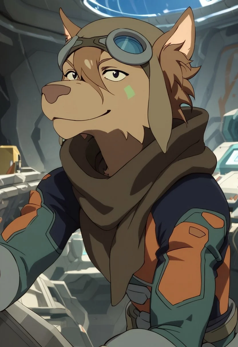 olia_voltron_goggles, 1girl, female furry, anthro, canide, golden fur, brown animal ears, brown hair, black eyes, small yellow tattoos on each cheeks, claws, long tail, pilot helmet and goggles, brown scarf, green and orange suit, pocket belt, score_9_up, score_8_up, score_7_up, standing, goggles on, looking at viewer, smiling, smug, waving at viewer, female focus, ultra detailed, detailed background, spaceship cockpit background, masterpiece, best quality, 8k, Expressiveh, realistic, 3d,