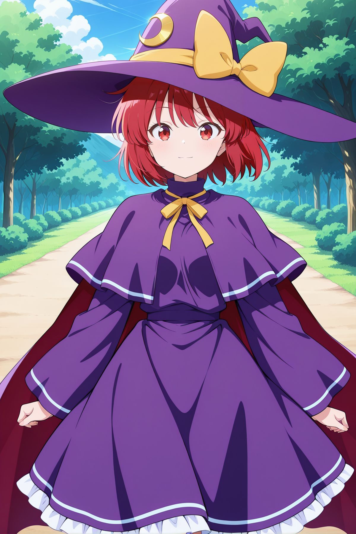absurdres, highres, masterpiece, best quality, amazing quality, official anime artwork, screencap, anime screencap, outdoors, looking at viewer, light smile, dynamic pose, standing,
 <lora:Marisa98:1> Marisa98, 1girl, solo, red eyes, red hair hair, short hair, small breasts,, witch hat, purple hat, hat bow, yellow bow, hat ornament, crescent hat ornament, puple cape, purple turtleneck, purple dress, capelet, frilled skirt, long sleeves, wide sleeves, yellow neck ribbon,