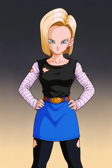 source_anime, score_9, score_8_up, score_7_up, anime screencap, high quality, 
android 18, android saga, anime coloring, official style, 1girl, solo, looking at viewer, short hair, blue eyes, smile, blonde hair, simple background, leaning forward, long sleeves, collarbone, gold earrings, belt, blue skirt, torn clothes, black shirt, black background, hands on hips, fingernails, cowboy shot, striped sleeves, white sleeves, eyelashes, denim skirt, denim
 <lora:c18_pony:0.8>