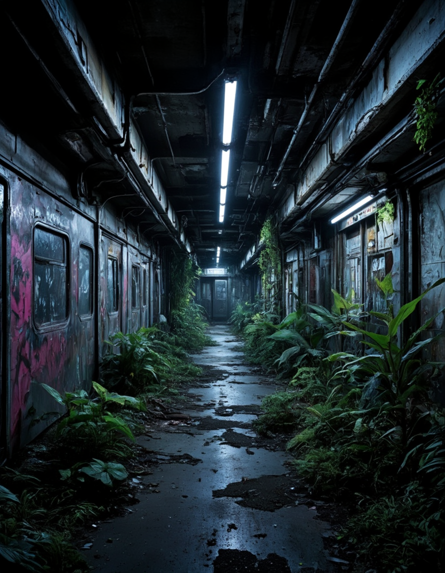 <lora:City_Worlds02_Lost_Operaflux:1> cw02lost, cyberpunk, abandoned train station, vegetation, dirty, decay, dark, cracked, neons,  from side