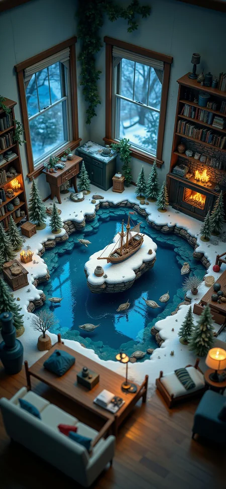 (indoor,very wide isometric view,tilt-shift lens:1.6), (windowless,fna_style,miniature,miniature,diorama,miniature,diorama,PVC,plastic:2),starry night snow,forest,frozen lake cracked, sink ship at (floating island,levitating island:1.5) on (table:2) at (attic:2.5) <lora:Diorama_Flux:1>
<lora:Fantasy_Novel_Art_Style:1>