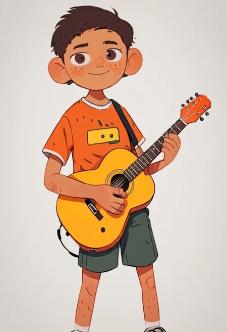 Hispanic boy, playing guitar, brown eyes, wearing an orange, wearing shorts, freckles, happy