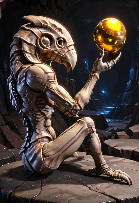 Statue,((chozo statue)),solo,stretched arm, sitting,holding,holding glowing ball with both hands,sci fi background, alien cave