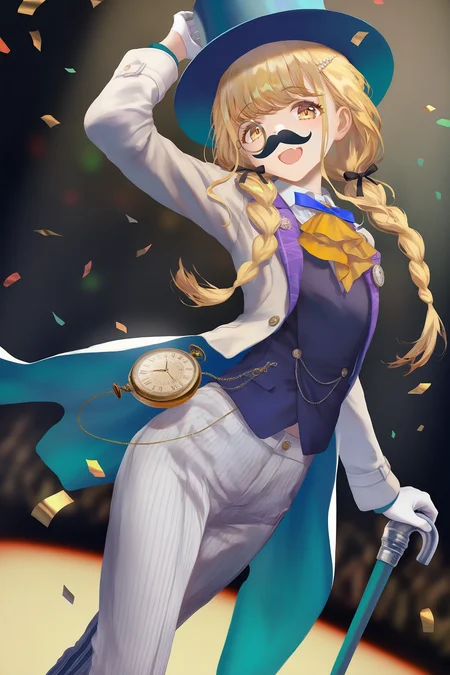 1girl, (fujita kotone, gakuen idolmaster:1.3),
rei_(sanbonzakura), Torino aqua, (tomozero, wlop:0.9),
solo, (walking, dutch angle, arched back:1.2), holding cane, cane, hand on headwear,
vest, coat, shirt, long sleeves, tailcoat, jacket, pants, striped, striped pants, white pants,
long hair, very long hair, blonde hair, fake facial hair, blue headwear, top hat, bangs,
white gloves, watch, pocket watch, ascot, vertical stripes,
(monocle:1.2), green eyes, looking at viewer, smile, open mouth, skin fang, fake mustache,
(spotlight, stage, confetti:1.2), blurry background, multicolored ribbon,
(masterpiece, best quality, very aesthetic), absurdres, aesthetic, detailed, beautiful color, amazing quality,