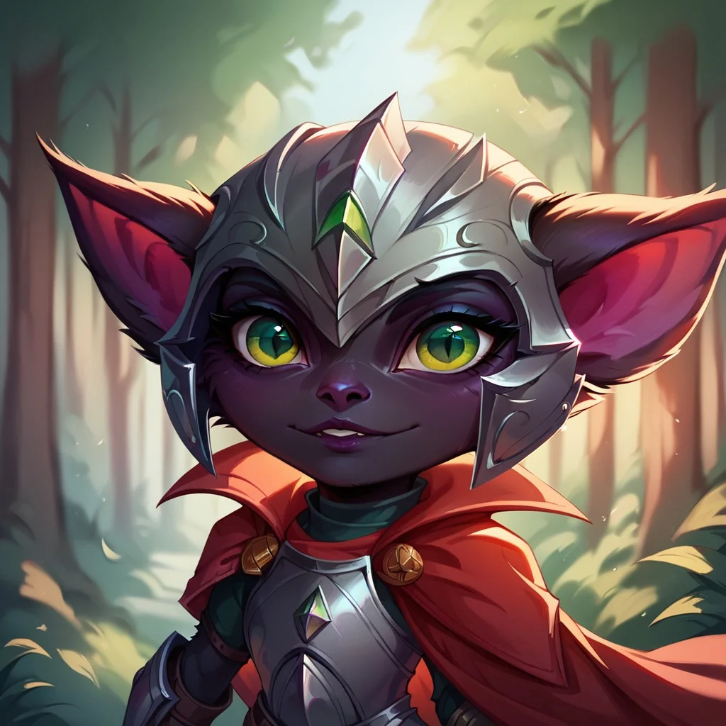 (((detailed, beautiful, high quality))), score_9, score_8_up, score_7_up, upper body,
yordle, short stature, shortstack, pointed ears, big eyes, fur,
1 girl, black fur, green eyes, grey armor, red cape,
looking at the viewer, posing,
forest background, blurred background,