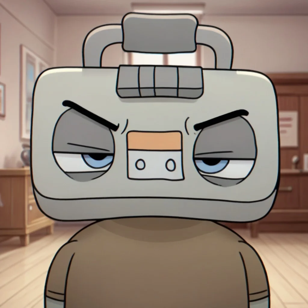 score_9, score_8_up, score_7_up, juke, male, solo, grey skin, boombox head, blue eyes, black eyebrows, short, plump, brown shirt, blue jeans, grey shoes, slouched, narrowed eyes, upset, indoors, living room