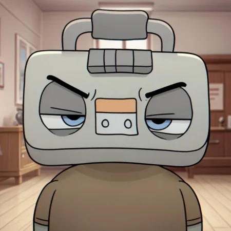 score_9, score_8_up, score_7_up, juke, male, solo, grey skin, boombox head, blue eyes, black eyebrows, short, plump, brown shirt, blue jeans, grey shoes, slouched, narrowed eyes, upset, indoors, living room